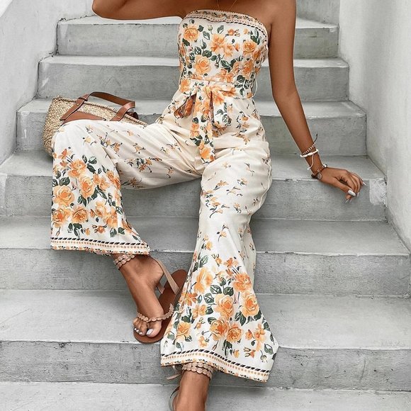 MODA ME COUTURE Pants - Floral Print Belted Tube Jumpsuit